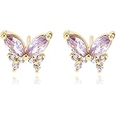 Butterfly Earrings for Women 18K Gold Plated Purple Tiny Stud Earrings CZ Amethyst Cartilage Earring for women Jewelry Gifts