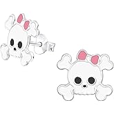 925 Sterling Silver Small Skull & Crossbones w/Pink Bow Stud Earrings 25195