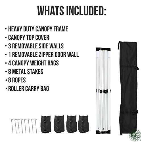 Punchau Commercial Pop Up Canopy Tent with Four Sidewalls 10 x 10 Feet, Black - UV Coated, Waterproof Outdoor Party Gazebo Tent - Includes 4 Weights, Roller Carry Bag, and Stake Set