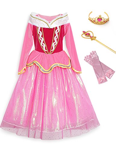 Little Girls Layered Princess sleeping beauty Aurora Costume Dress up with crown, wand and gloves (6-7 Years, pink)