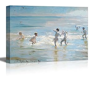 Boys Bathing on a Summer Evening at Skagen Beach by Peder Severin Kroyer - Canvas Print Wall Art Famous Painting Reproduction - 12" x 18"