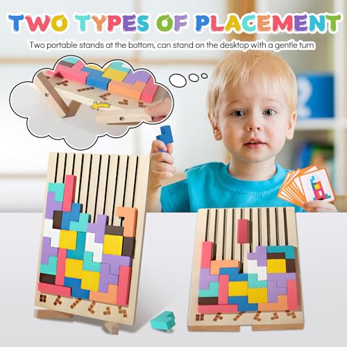 Wooden Puzzle Tetris Montessori Toy from 3 4 5 6 Years - Educational Toy to Promote Concentration & Motor Skills - 3D Logic Puzzle with Geometric Blocks - Gift Children