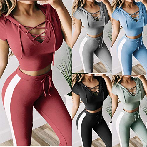Fainosmny Women Sweatsuit Stripe Tracksuit Sport Suit Set Sports Hooides Soft Elastic Tops+Long Pants Set (Blue 1, L)