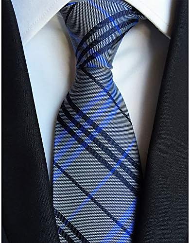 Men's Classic Checks Light Blue Jacquard Woven Silk Tie Necktie + Gift Box