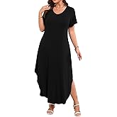 JollieLovin Womens Plus Size Casual Summer Maxi Long Dress Short Sleeve T-Shirt Loose Sun Dress(L-5X)