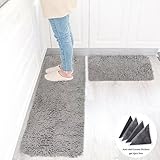 Wolala Home 2 pcs Sets Strong Absorbent Non-Slip Kitchen Rug and Carpet Super Soft Chenille Shaggy Latex Backing Solid Home Decorator Floor Mats (16''x24''+16''x47'' Gray)