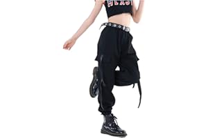 Rolanko Girls Cargo Pants for Kids Loose Streetwear Hip Hop Dance Cotton Cargo Jogger Pants for Kids 4-15 Years