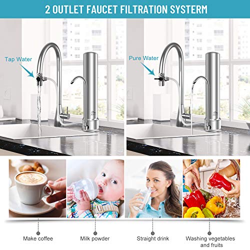 JONYJ Countertop Water Filter, 304 Stainless-Steel Faucet Water Filter, High Water Flow Tap Water Filter, Water Purifier with UF Filtration System Reduces Chlorine - Fits Standard Faucets - Thumbnail 3