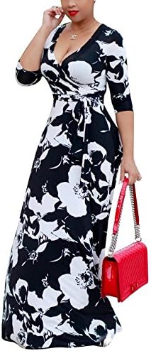 Eleganlife Women Sexy Printed V Neck Long Sleeve Drawstring Cocktail Party Long Maxi Dress Large