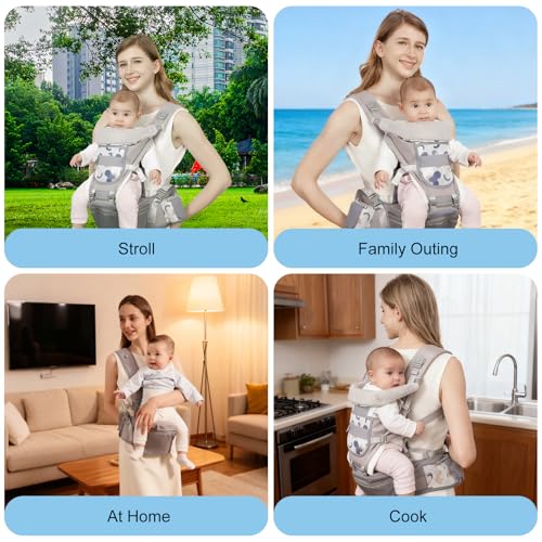 STANEW Baby Carrier Hip Seat & Head Hood, Breathable Detachable Infant Carrier, Adjustable Shoulder Straps, Waist Size up to 120cm for 0-48 Months Baby, Max Load 25kg