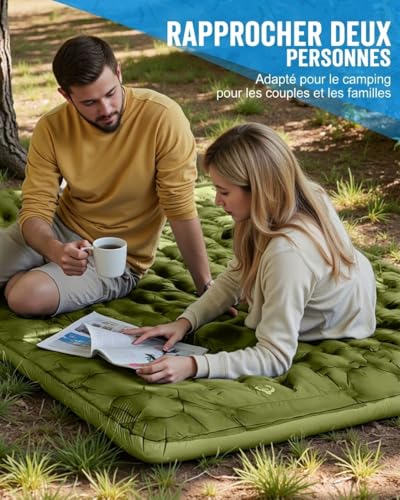 Hingue Matelas Gonflable 2 Personnes Camping, Matelas Camping 2 Personnes Autogonflant avec Pompe à Pied et Oreillers Intégrés, Matelas Trekking Imperméable Compact pour Tente,Randonnée- Vert Armée