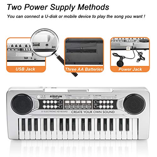 SAOCOOL Kids Keyboard Piano, 37 Keys Standard Size Multifunctional Electronic Organ Musical Kids Piano Teaching Keyboard with USB Function for Children Birthday Gift (Silver)