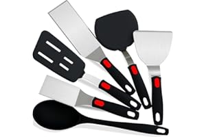 6-Pieces Silicone Spatula Turner Metal Stainless Steel Spatulas Set, Food-Grade 600°F Heat-Resistant Tools for Grilling, Burg