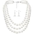 Daimay Simulated Pearl Chokers Multi-Layer Pearl Necklace Multi-Strand Pearl Statement Bridal Choker Necklace for Wedding Party Jewelry 20s Flapper Necklace for Party with Earring -White