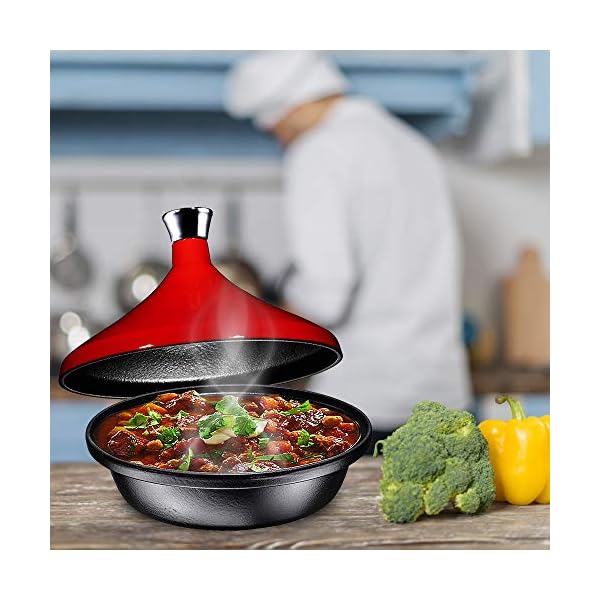 Bruntmor Fire Red Cast Iron Moroccan Tagine 4Quart Cooking Pot with Silver knob, Enameled Base