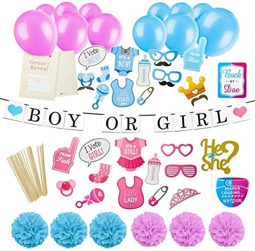 Gender Reveal Party Supplies Kit | Baby Gender Reveal Decorations | Boy Or Girl Banner | Gender Reveal Invitation Cards | Photo Booth Props | Cake Topper | 70 Pieces