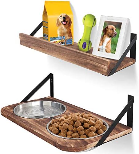 Emfogo Dog Bowls Customized Height Wall Mounted Elevated Pet Feeder with 2 Stainless Steel Dog or Cat Dishes and Storage Shelf Rustic Wood Raised Pet Bowls 15.8 in L