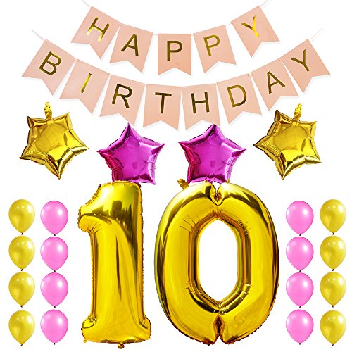 KUNGYO Sweet 10Th Birthday Party Decorations Kit-Pink Happy Brithday Banner,Number 10 Golden Mylar Foil Balloon, 4 PCS Star,16PCS Gold Pink Latex Balloon, Perfect Ten Years Old Birthday Party Supplies