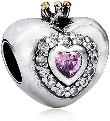 Dangle Charms Princess Heart Charm - 925 Sterling Silver Crown Bead - Fits on European Charm Bracelets