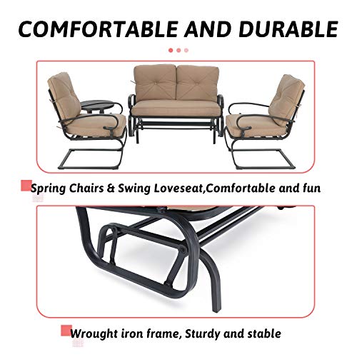 Incbruce 4Pcs Outdoor Patio Furniture Conversation Sets (Loveseat, Bistro Table, 2 Spring Chair) - Swing Glider Rocking Patio Bench and Spring Metal Lounge Chairs Sets with Cushions (Brown) - Thumbnail 3