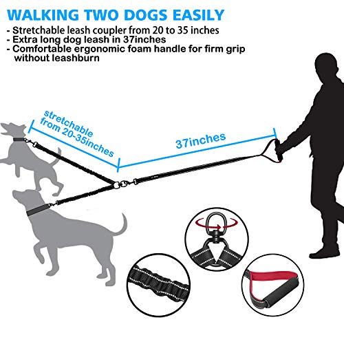 haapaw Two Dog Leash Coupler - 2 Dog Leash Tangle Free, Stretchable from 20 to 35 Inch - Comfortable Handle Dual Dog Leash for 2 Dogs with a Free Collapsible Dog Bowl (Black/red)