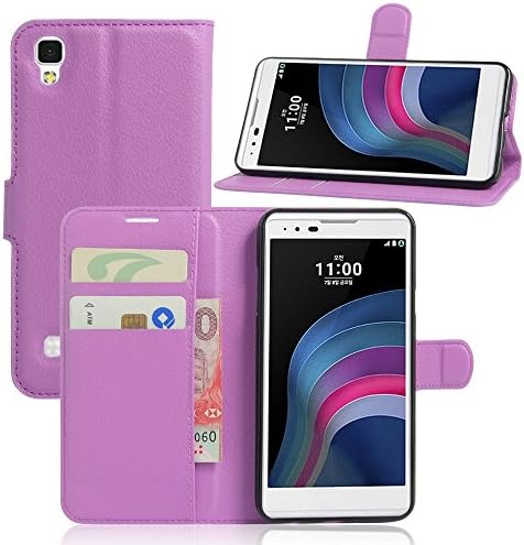 For LG X STYLE 5.0" K200DS/LG X SKIN[Concise]Fashion Cute Magnetic Snap Wallet Card Flip Synthetic Holster Leather Stand With TPU Case Cover -PURPLE