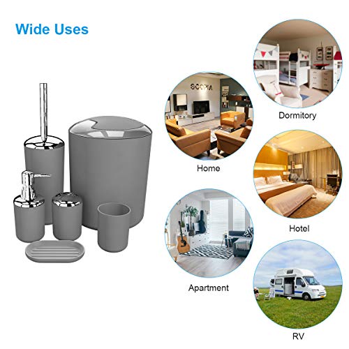 TEKITSFUN Grey Bathroom Accessories Set, 6 Pieces Plastic Gift Bath Accessory Sets Luxury Ensemble Includes Toothbrush Holder,Toothbrush Cup,Soap Dispenser,Soap Dish,Toilet Brush Holder,Trash Can