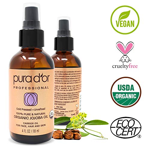 PURA D'OR Organic Golden Jojoba Oil (4oz) USDA Certified Premium Grade - 100% Pure & Natural Moisturizer - Cold Pressed, Unrefined, Hexane Free Base Carrier Oil for DIY Skin Care, Hair, Face & Nails