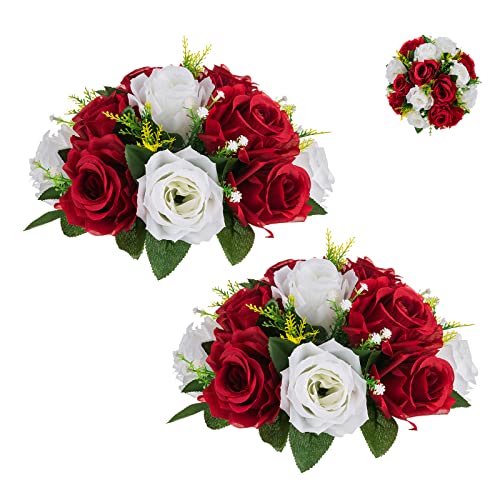 BLOSMON Flower Balls Wedding Rose Centerpieces: 2 Pcs Crimson&White Fake Flowers Kissing Balls Decor Artificial Floral Arrangements Flower Bouquet of Roses Home Party Table DIY Decorations
