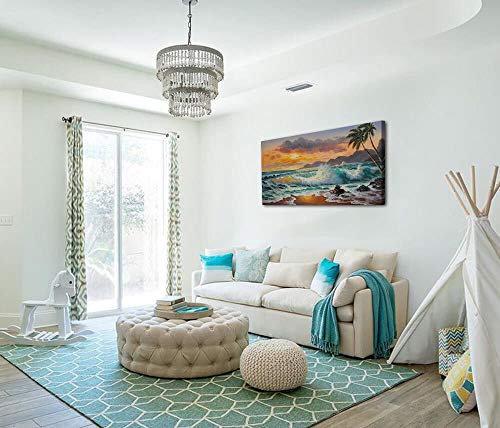 Ardemy Canvas Wall Art Beach Sunset Seawave Tropical Palm Tree Picture Prints, Blue Seascape Beach Large Size Ocean…