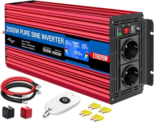 ETREPOW 2000W Inverter 24V 220V Pure Sine Wave Transformer with 2 EU Sockets and USB, Wireless Remote Control, LCD Display, Peak 4000W