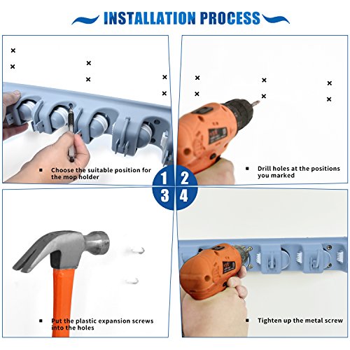 Auwey Broom Mop Holder Wall Mount Hook Gripper Slot, Garden Storage Rack Mop Broom Handle Kitchen Storage Garage Garden Tools Commercial Organizer Grey (5 Position 6 Hooks) - Thumbnail 6