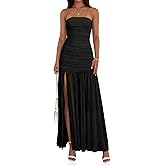 Wenrine Womens Summer Tube Top Dress Strapless Mesh Sexy Ruched Patchwork High Slit Long Cocktail Party Maxi Dresses