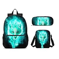 PrelerDIY Nebula Galaxy Wolf Backpack Set 3 Piece 17 Inch Plus Book Bag Shoulder Bag Pencil Case for Boys Girls 1-6th Grade Kids Back to School