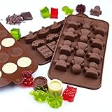 Silicone Chocolate Candy Molds, 3-Pack Set, Non-Stick Candy & Ice Cube Molds, Choice of Three Colors, Chocolate, Purple or Green, 3 Designs Per Pack, Animals, Swirls & Flowers