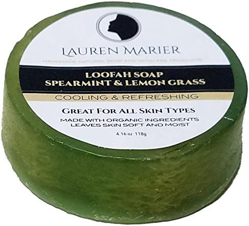 Lauren Marier Natural Organic Loofah Mint Lemongrass Exfoliating and Relaxing Bar Soap Face and Body, Moisturizing, Anti Aging, For Acne, Dry Skin