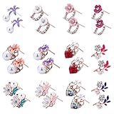 12pairs Flower Rhinestones Faux Pearl Diamond Stud Earrings Set Pack-Purple Pink Red for girl women kids