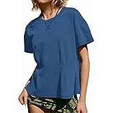 Yozazzy Women's Summer Short Sleeve Crewneck Flattering Pleated Babydoll Peplum Top Y2k Casual Flowy Trendy Tshirts(NavyBlue-M)