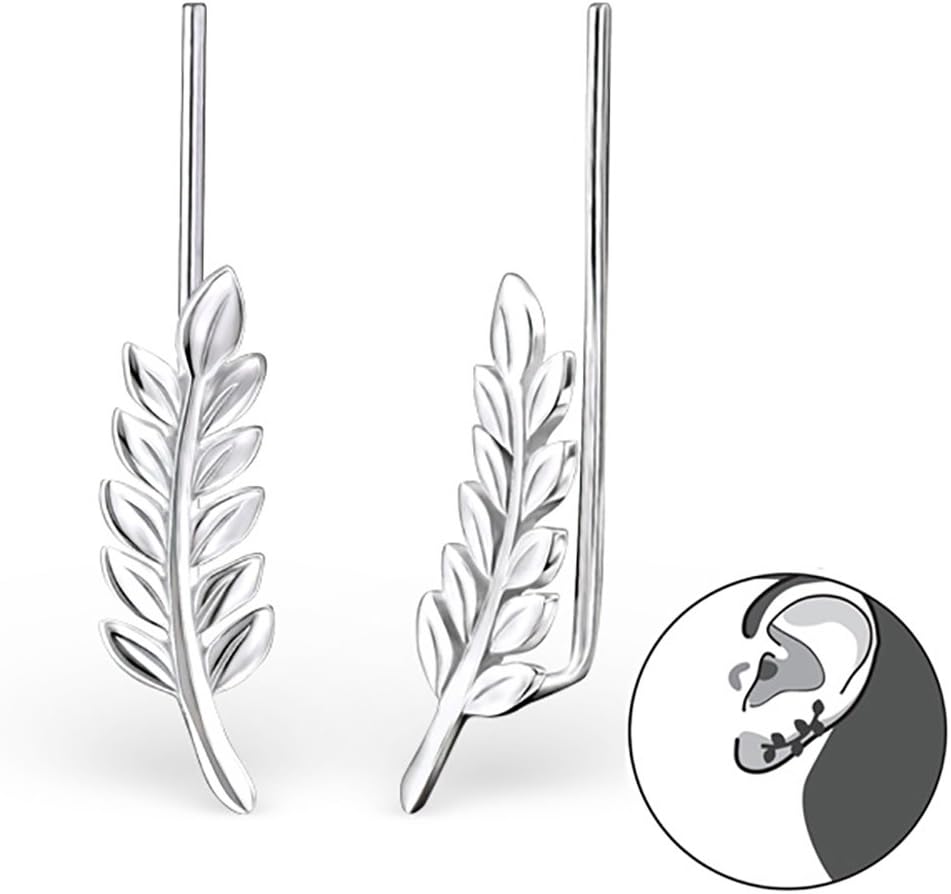 Si Si Select - 925 Sterling Silver - Pair of Leaf Ear Crawlers - Ear Pins / Ear Climber / Cartlidge Pins - 6 x 18 mm - Free Gift Box - Nickel Free