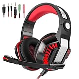 Stoga Beexcellent Gaming Headset Over Ear Headphones for PS4, Xbox One, PC, Noise Isolating with Microphone, LED Light, Bass Surround, Soft Memory Earmuffs for Laptop Mac Games (Red)