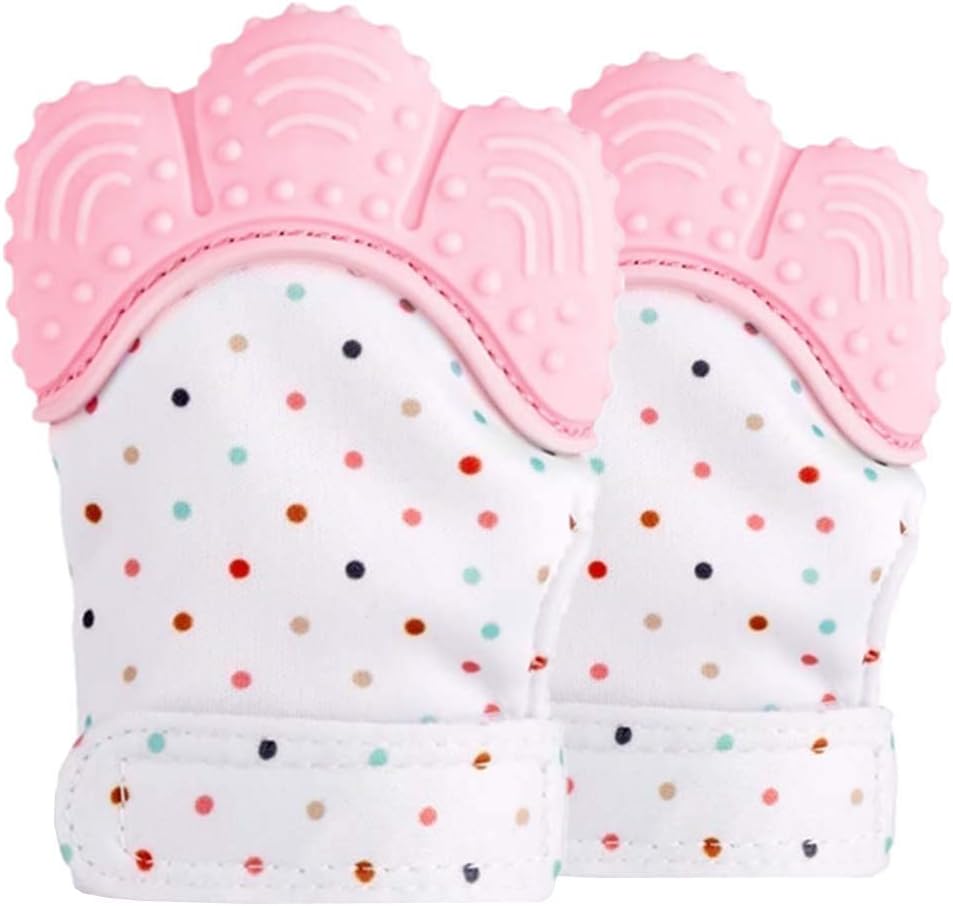 Baby Teething Mittens, Mitten Teether Toys, 2 Pack Infant Teething Mitt Set, Prevent Scratches Protection Gloves with Bibs for 3-12 Months Babies (Pink)
