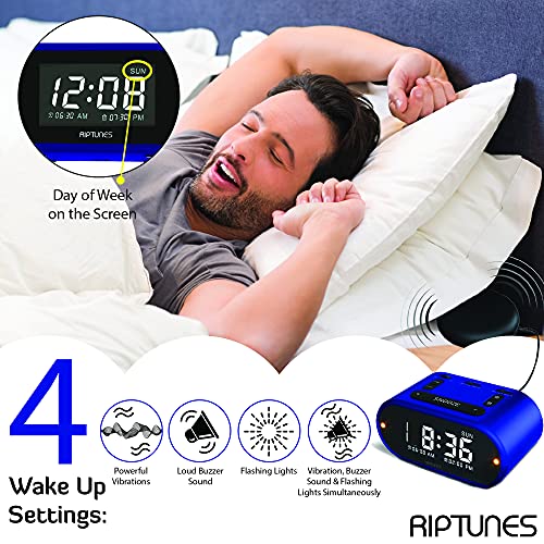 RIPTUNES Digital Loud Alarm Clock with Bed Shaker for Heavy Sleepers