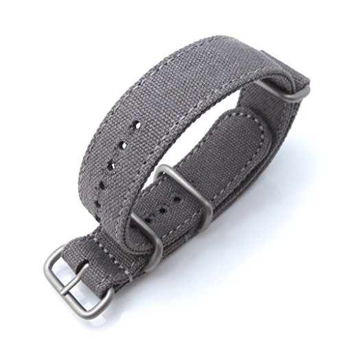 MiLTAT 22mm Washed Canvas Zulu Military Grey Double Thickness Watch Strap, Lockstitch Hole
