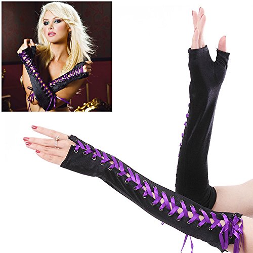 Lace Up Satin Gloves,Womens Full Length Fingerless Lace Up Arm Warmer Satin Gloves,For Weddings, Engagements, Parties, Holidays (Purple)