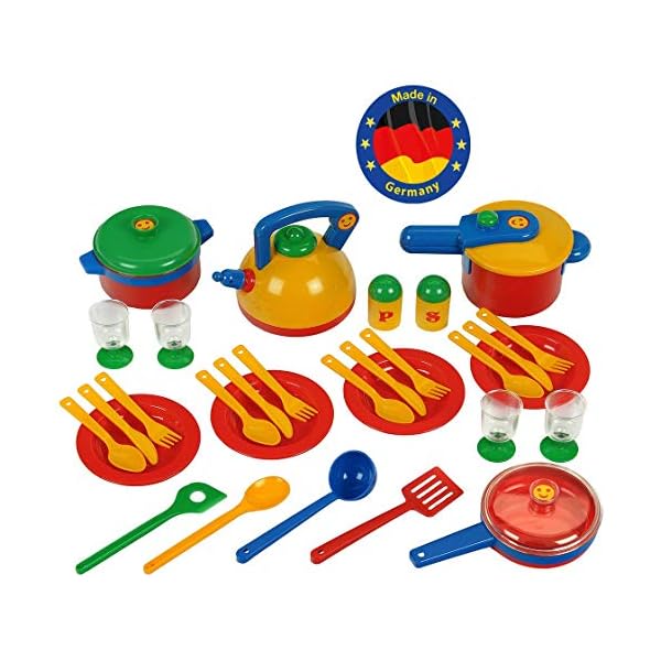 Theo Klein 9194 Emma's Kitchen großes Topfset|Buntes, robustes Geschirr|Mit Schnellkochtopf, Kochlöffel, Pfanne und vielem mehr|Verpackungsmaße: 29,5cmx14,75cmx24cm|Spielzeug für Kinder ab 2 Jahren