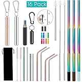 Reusable Straws,LUYATA 16pcs Metal Straws Reusable Straws with Case Stainless Steel Straws Collapsible Drinking Straws Eco-friendly Portable Straws with Silicon Tips Hook Telescopic Cleaning Brush
