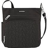 Travelon Anti-Theft Quilted North South Bag - Medium Nylon Crossbody for Travel & Everyday - (Black/Dark Emerald Interior)