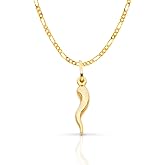 14K Yellow Gold Cornicello Italian Horn Necklace Good Luck Charm Pendant with 1.9mm Figaro 3+1 Chain