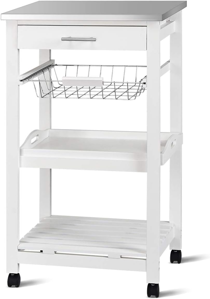 outdoor serving cart with storage on Amazon Com Giantex Kitchen Island Cart Rolling Kitchen Trolley With Stainless Steel Tabletop Utility Storage Cart Restaurant Hotel Serving Cart With Casters Drawer Basket And Shelf White Kitchen Islands Carts