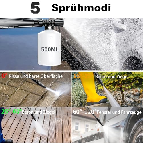 LANCHEZ Hochdruckreiniger 145 bar max Druck, Fördermenge 420 l/h, 7-in-1-Zubehör Kit (500ml Schaumsprüher, Schnellkupplungen, Schnellanschlussdüsen, Terrassenbürste) für Auto, Terrasse, Gelb